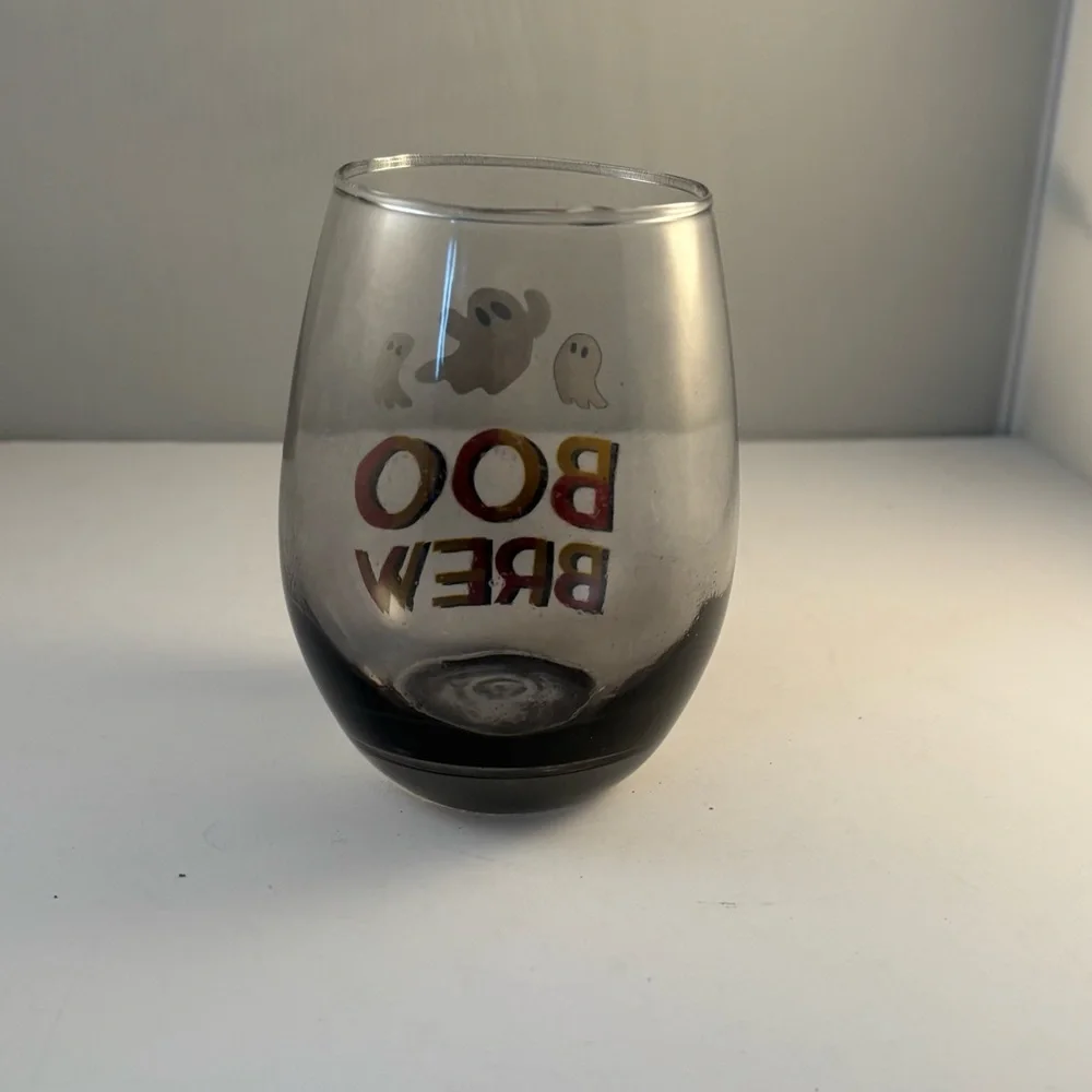 Boo Brew Stemless Wine‎ Drinking Glass Halloween Ghost Dark Bottom Yellow Orange